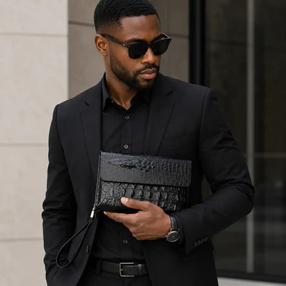 Pochette Homme Luxe — Motif Crocodile Embossé | Cuir Premium | Multi-Compartiments | Business & Soirée