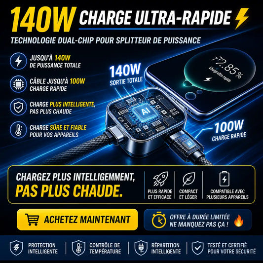 Adaptateur IA Intelligent Coupure Auto — Déconnexion Automatique Batterie Pleine — Protège la Santé de la Batterie pour iPhone & Android