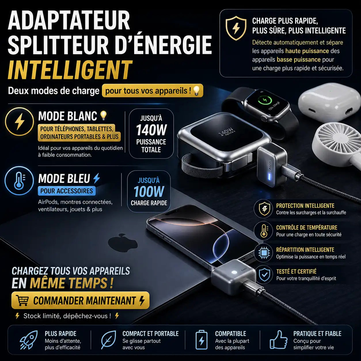 Adaptateur Intelligent Coupure Auto — Protège la Santé de la Batterie pour iPhone & Android