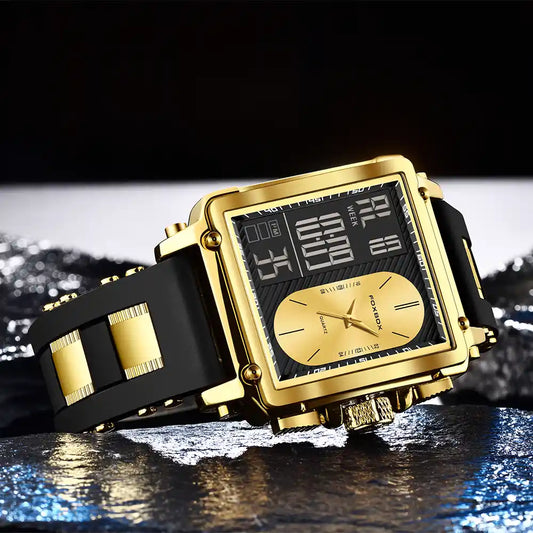 Montre Homme FOXBOX — Double Affichage Analogique & Digital | Boîtier Doré | Bracelet Silicone Premium