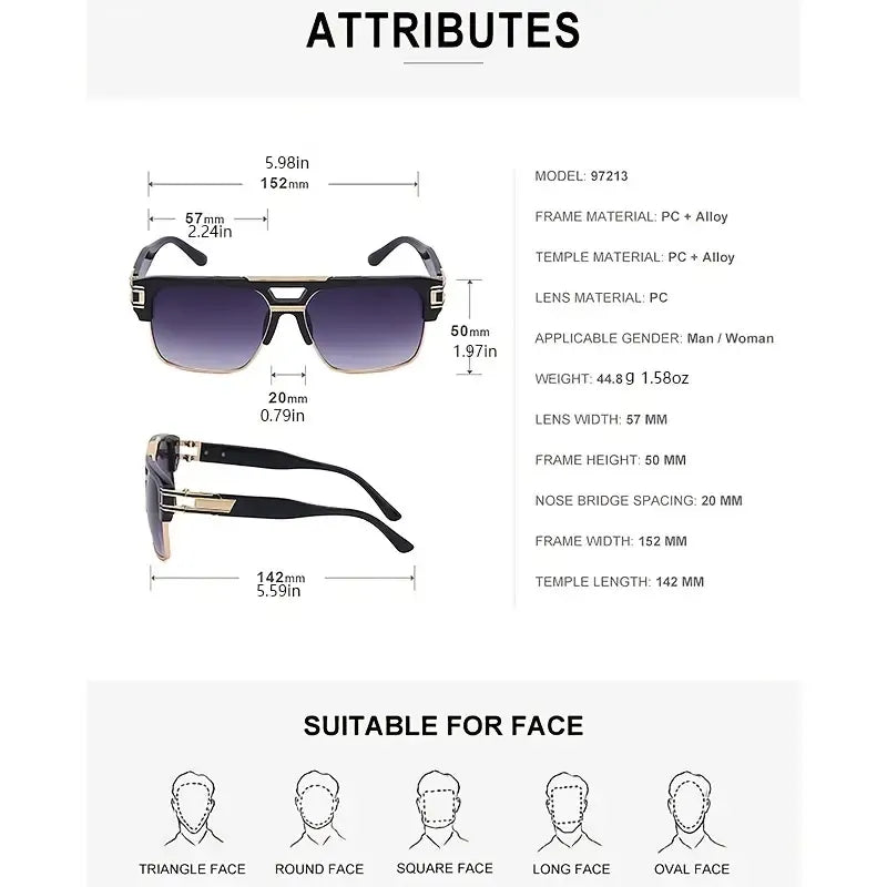Lunettes De Soleil Rétro Oversized Hommes Femmes Aviateur Vintage Classique Pilote Carré Noir Métal Cadre