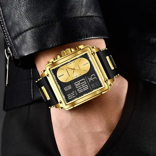 Montre Homme FOXBOX — Double Affichage Analogique & Digital | Boîtier Doré | Bracelet Silicone Premium