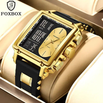 Montre Homme FOXBOX — Double Affichage Analogique & Digital | Boîtier Doré | Bracelet Silicone Premium