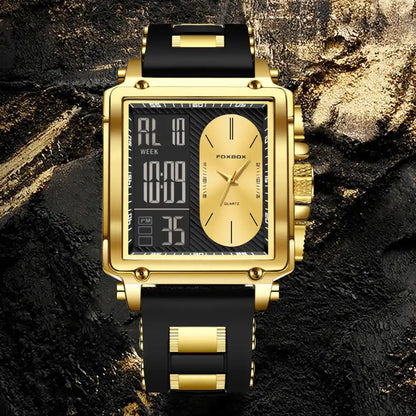 Montre Homme FOXBOX — Double Affichage Analogique & Digital | Boîtier Doré | Bracelet Silicone Premium