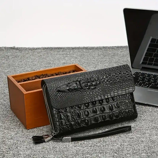 Pochette Homme Luxe — Motif Crocodile Embossé | Cuir Premium | Multi-Compartiments | Business & Soirée